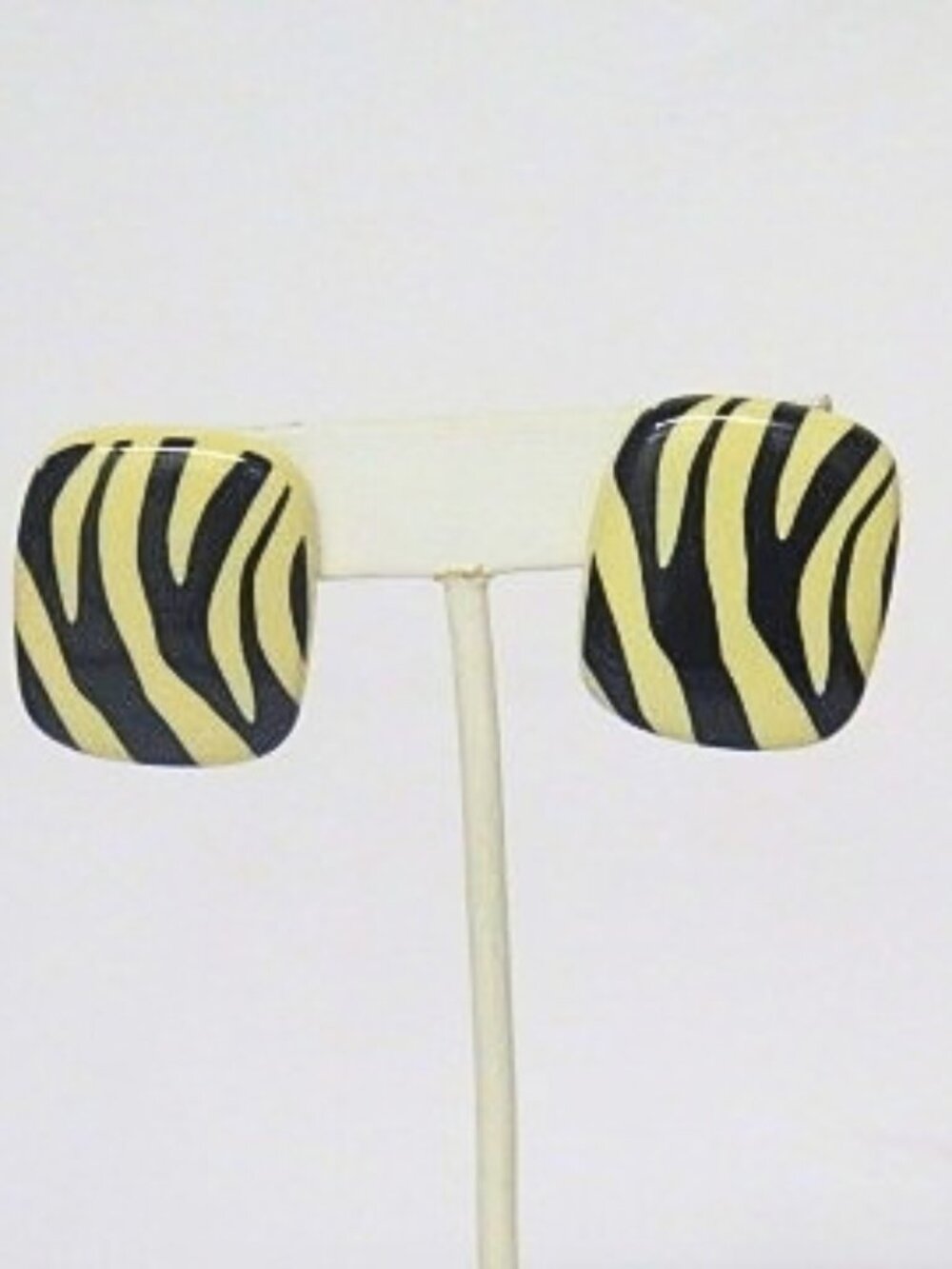 Black & Pale Yellow Zebra Print Square Statement Stud Earrings